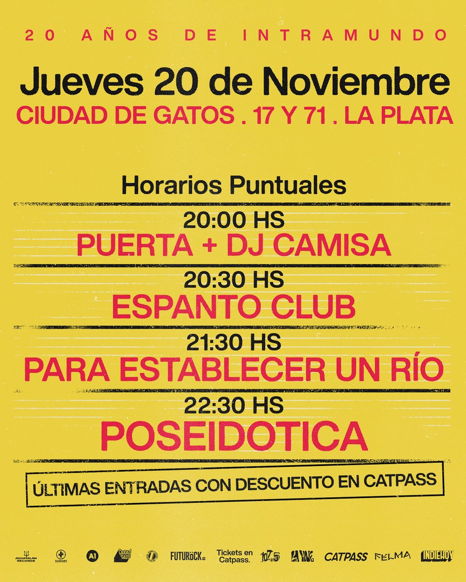 ⭕️ HOY EN LA PLATA ⭕️
Van los horarios de la imperdible celebración en Ciudad de Gatos por los 20 años de "Intramundo" junto a <a href="/peurargentina/">ParaEstablecerUnRio</a> y Espanto Club
🎫⚠️ Últimas entradas con descuento + promos 2x20 catpass.net/eventos/poseid…
🍭 Vengan a disfrutar de esta fecha única