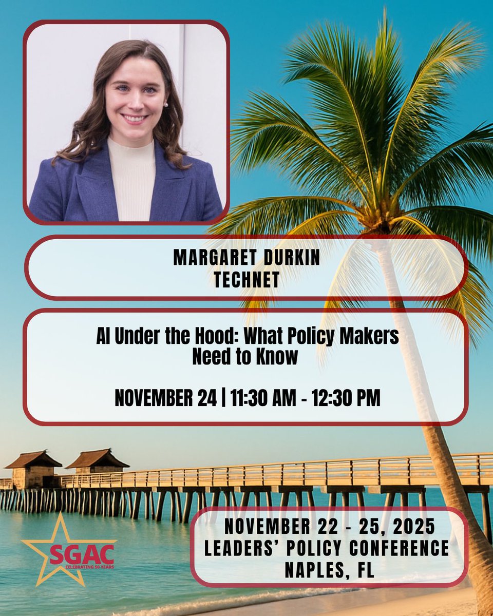 TechNetMidAtla1's tweet image. I’m looking forward to attending @SGACNews Leaders’ Policy Conference this weekend in Naples and seeing @TechNetUpdate members so soon after SPC25. I’m especially excited to moderate Monday’s panel #AI Under the Hood: What Policy Makers Need to Know. See you there! ☀️ #sgacnews