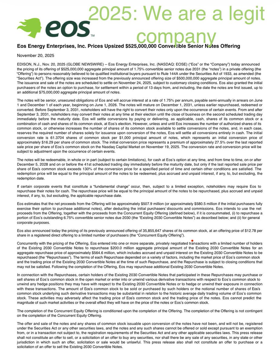 TopherGotWifi's tweet image. $EOSE alright degenerate zinc battery lovers. A little “how far we have come” moment. For the FUD squad: eat shit. 2-3 years ago Yorkville and ACP were loan sharks. Predatory lending terms. We are still alive and thriving. 

The terms of this offering/placement are the best you…