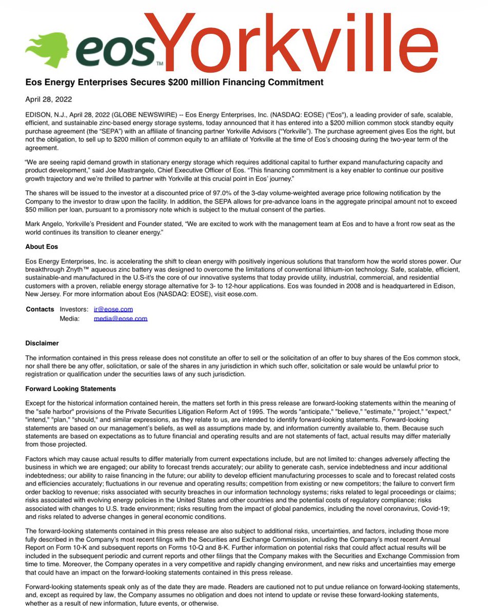 TopherGotWifi's tweet image. $EOSE alright degenerate zinc battery lovers. A little “how far we have come” moment. For the FUD squad: eat shit. 2-3 years ago Yorkville and ACP were loan sharks. Predatory lending terms. We are still alive and thriving. 

The terms of this offering/placement are the best you…