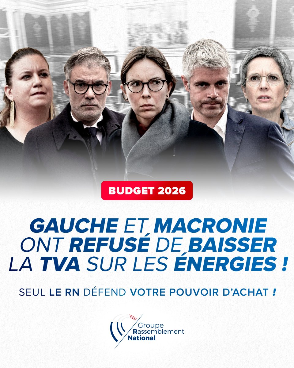 ❌ SCANDALE ! Le pouvoir d’achat des Français est en chute libre et les dépenses contraintes, dont l’énergie, pèsent de plus en plus lourd sur le budget des ménages.

Pourtant, tous, en dehors du RN et de l’UDR, ont refusé de baisser la TVA sur les énergies. #Budget2026
