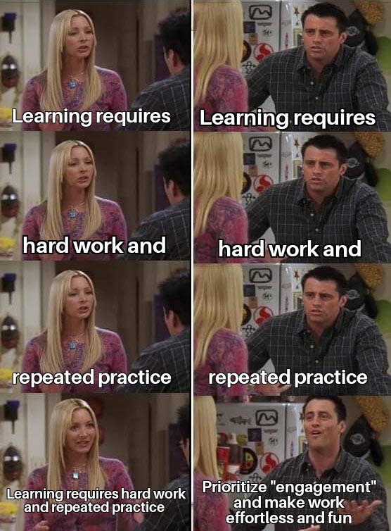 "All learning requires effort-the effort of attention and repeated distributed practice to forge and fix new neural networks."
- E.D. Hirsch 

Deep learning requires repeated and directed hard work. The priority should NOT be to make learning effortless and fun. Those are good
