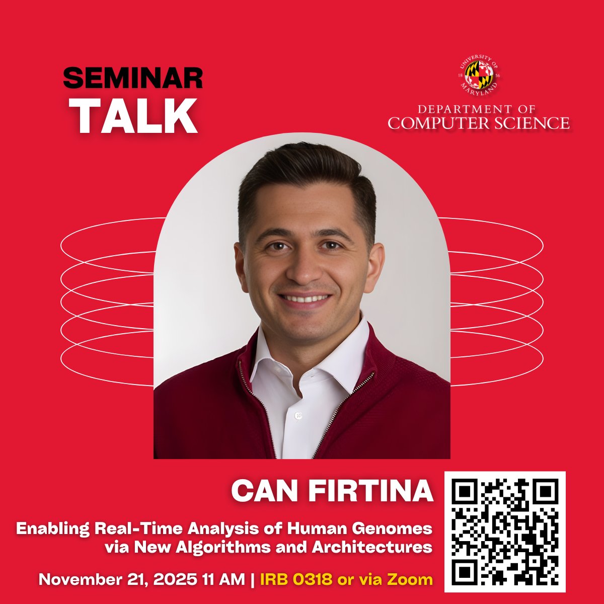 umdcs's tweet image. REMINDER- 📢 Don’t miss Can Firtina’s @UMDCS seminar tomorrow, where he’ll discuss new algorithms and system designs aimed at enabling real-time human genome analysis. #UMDCSResearch