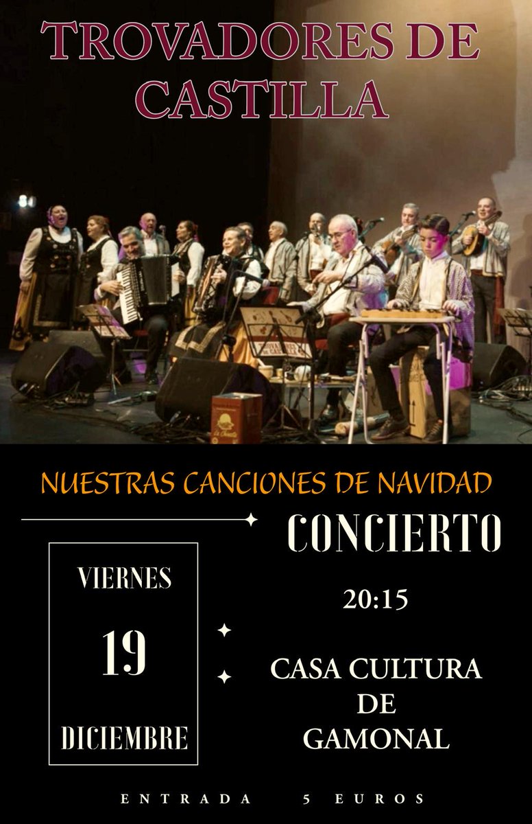 #Concierto de Trovadores de Castilla. 'NUESTRAS CANCIONES DE NAVIDAD'. Viernes 19 de diciembre 2025 en ,a Casa de Cultura de Gamonal (#Burgos). 20:15h. Entradas: 5€ ...en TeleEntradas trovadoresdecastilla.es/concierto-de-n… #Folclore #Navidad