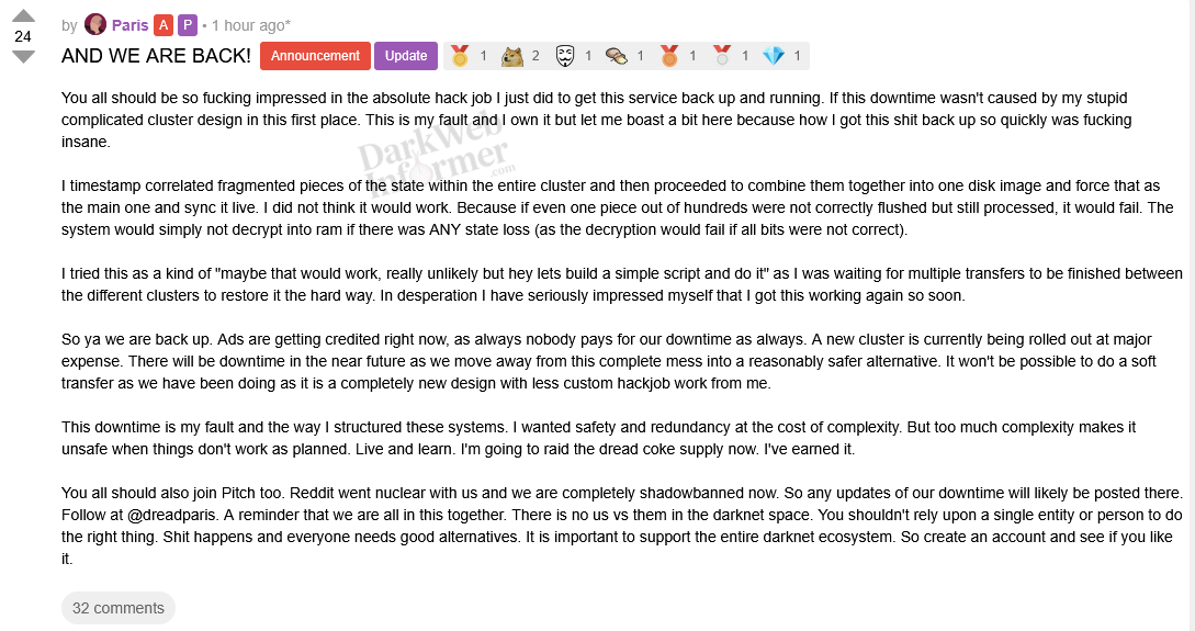 DarkWebInformer's tweet image. Dread is back online.

Thread: https://dreadytofatroptsdj6io7l3xptbet6onoyno2yv7jicoxknyazubrad[.]onion/post/14234ff5a726c4818b10
