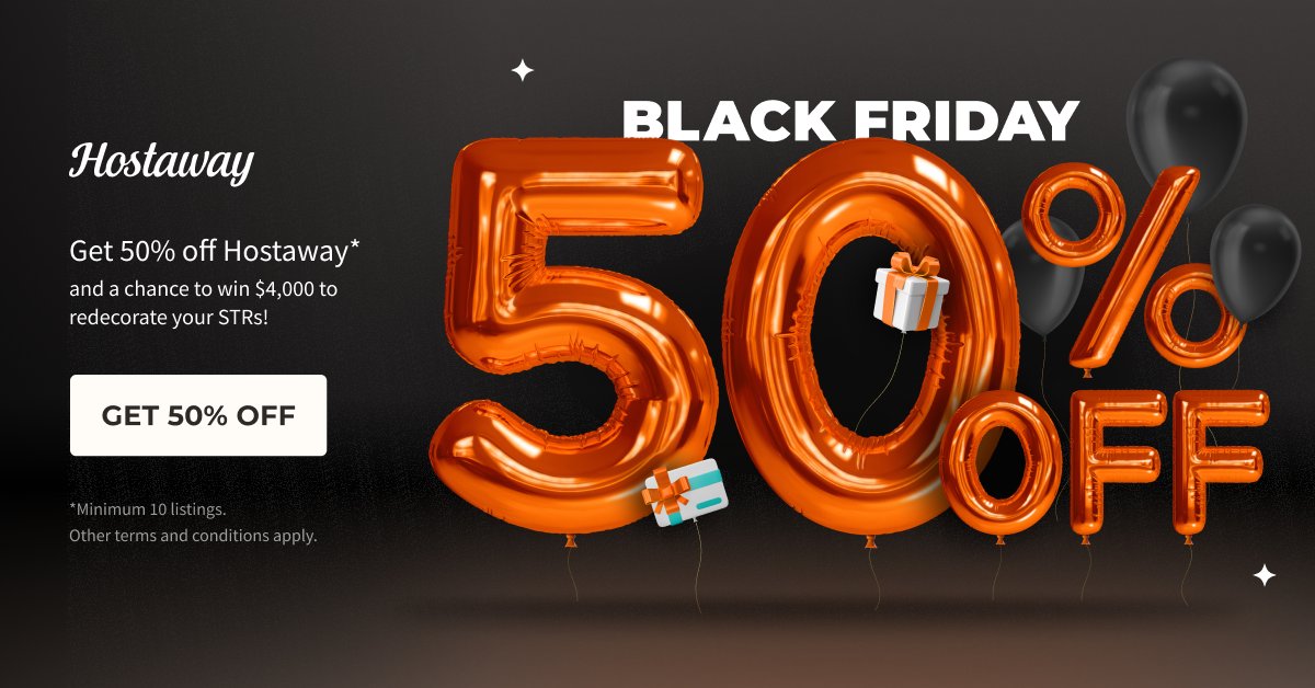 🖤 It's early Black Friday and we've never done this before...but we're giving new customers:

➡️ 50% off Hostaway when you sign up by November 28, 2025
➡️ Plus, you'll be entered to win $4,000 in gift cards to redecorate your STRs.

Using Hostaway is the fastest way to scale
