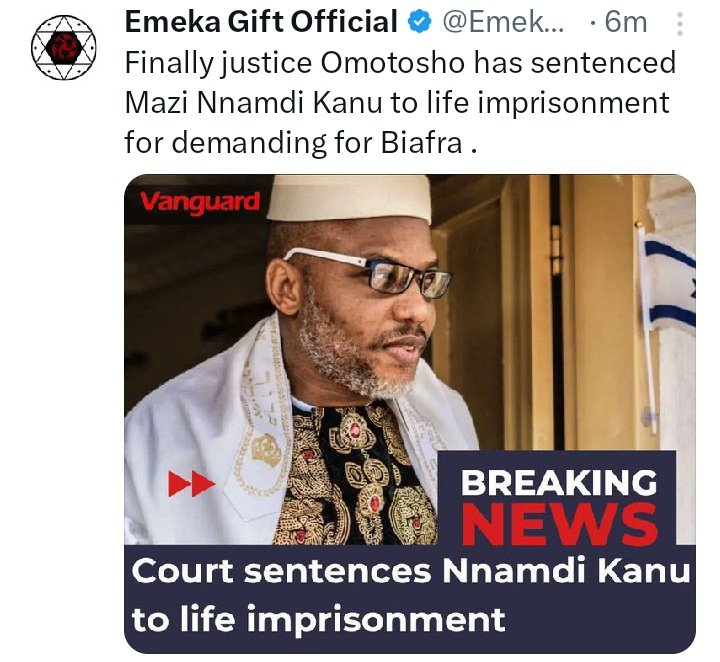 igbomarryigbo's tweet photo. They sentenced mazi nnamdi kanu to life imprisonment just to buy time. https://t.co/yyPrAPSARm