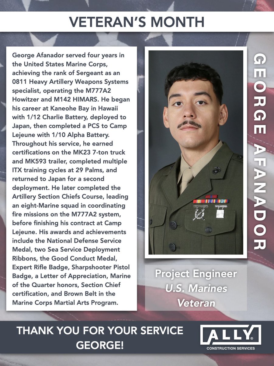 ALLYconstructs's tweet image. Today we’re honored to highlight U.S. Marine Corps Veteran George Afanador. During his four years of service, George advanced to the rank of Sergeant and specialized in heavy artillery operations, serving across Hawaii, Japan, and Camp Lejeune. We are grateful for his service!