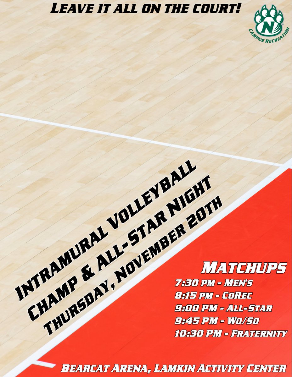 Join us tonight in Bearcat Arena for Champ &amp; All-Star Night for Intrmural VB! Games will begin at 7:30 pm. 🏐