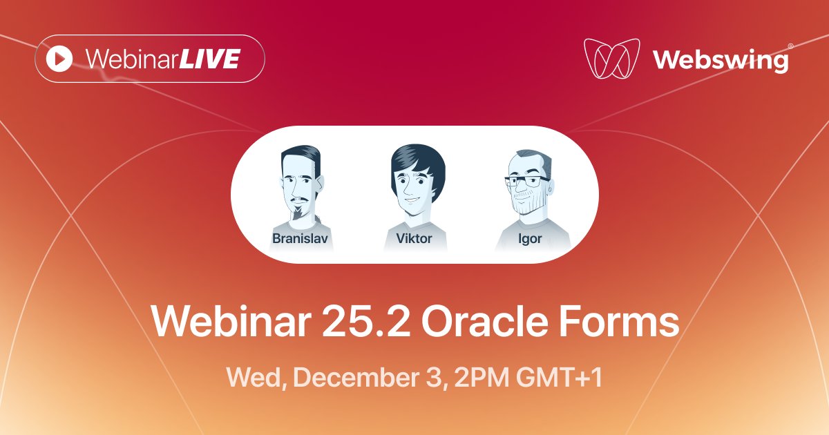 Webswing_org's tweet image. Webswing 25.2 brings a major milestone: Oracle Forms in the browser while no code changes are required. We’ll walk through what’s new and show live demos. 
Reserve your spot now
app.livestorm.co/webswing/intro…

#java #oracleforms #swing #javafx #eclipse #swt #JavaApps #oracle #technology