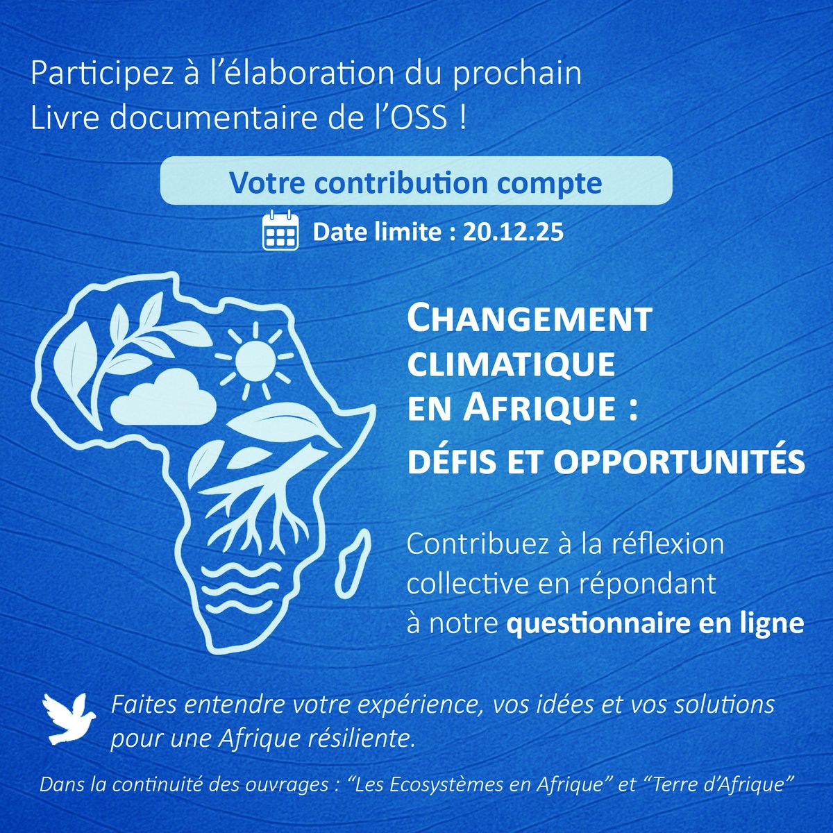 OSS_Comms's tweet image. Partagez vos idées sur le #climat en #Afrique : répondez à notre questionnaire pour contribuer à notre ouvrage sur le #changementclimatique. Limite 20/12/25 : forms.office.com/r/mpqf5SMWHR