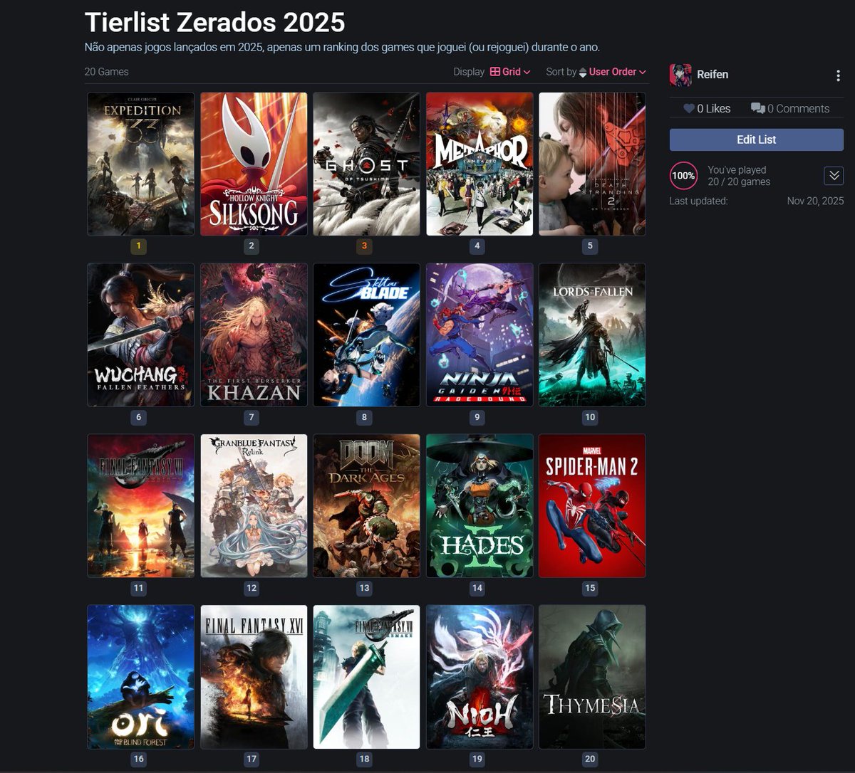 FromReif's tweet image. 20 Joguinhos zerados no ano, parei também pra continuar a Platina dos Souls mas não botei na lista.
Já vou fechando a tierlist de 2025 por aqui pq eu sei que não vou terminar a próximo da lista esse ano kkk