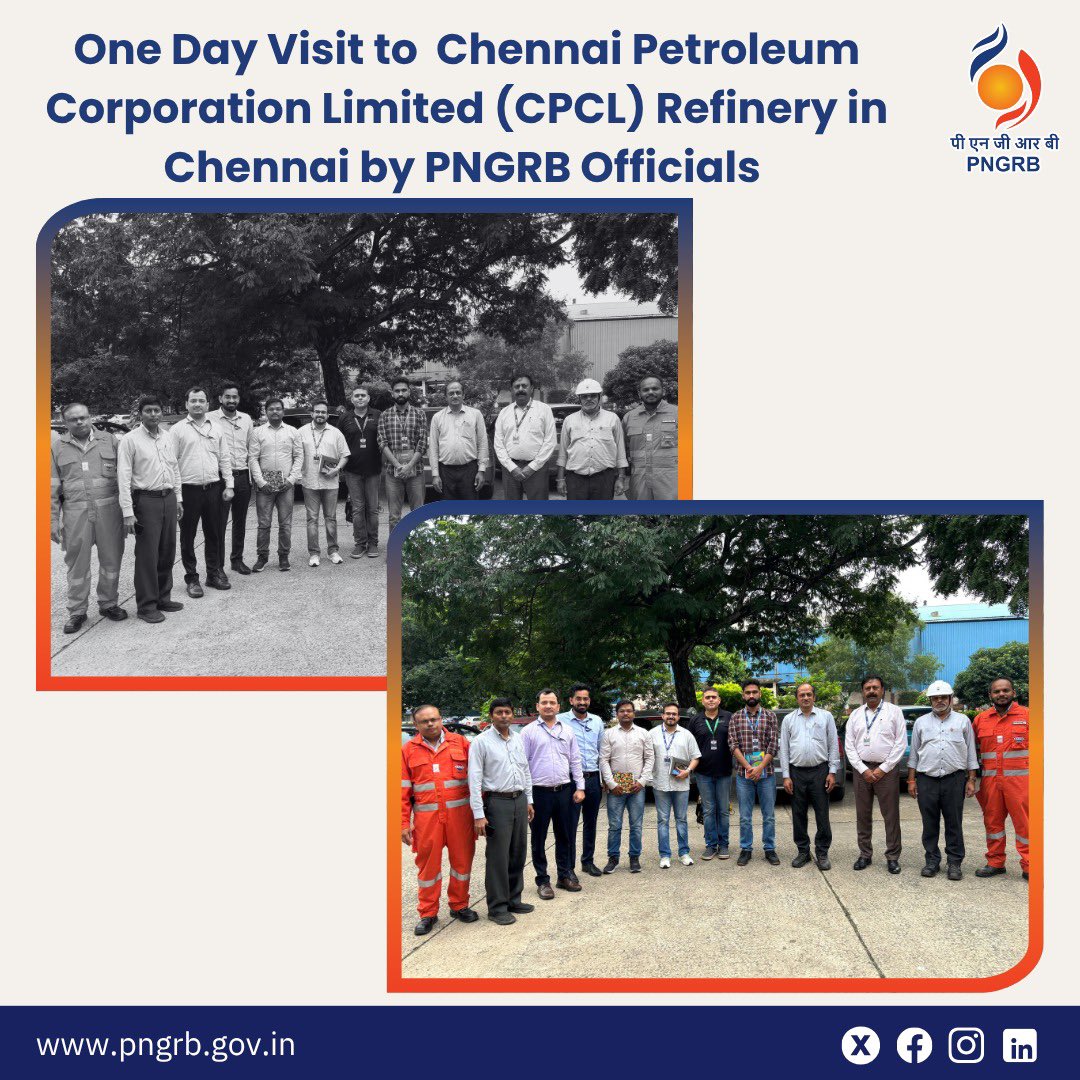 PNGRB_'s tweet image. PNGRB team visited the @CPCL refinery in Chennai on 20.11.2025, gaining valuable insights into key crude oil processing units, technologies and safety systems. Strengthening regulatory understanding through on-ground experience.
#PNGRB #CPCL #OilAndGas #EnergyInsights