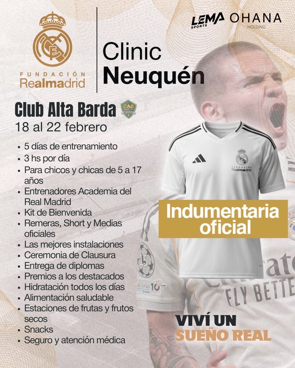 LemaSports_'s tweet photo. ⚽✨ ¡Neuquén vive el sueño Real!
Del 18 al 22 de febrero, llega el Clinic Fundación Real Madrid a Club Alta Barda.

Entrenadores oficiales, indumentaria incluida, 5 días de alto nivel y una experiencia única para chicos y chicas de 5 a 17 años.

🔥 Cupos limitados ¡Inscribite! https://t.co/kmHzGzTWGG