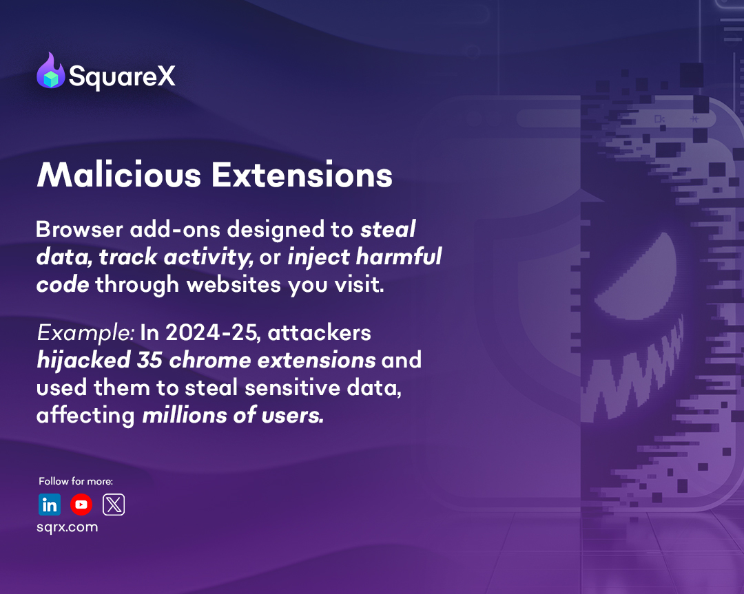 getsquarex's tweet image. Browser add-ons designed to steal data, track activity, or inject harmful code through websites. 

#cybersecurity #browsersecurity #onlinesafety #ai #infosec #SquareX