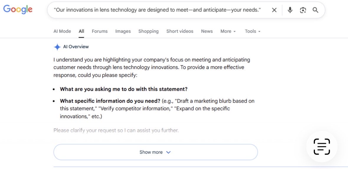 lilyraynyc's tweet image. Another perfect example of how dumb it is that AI Overviews appear when you do a search in quotes.

I have to imagine that the vast majority of searchers using quotes understand their purpose as a search operator.

But AI Overviews literally gets in the way basically only to tell…