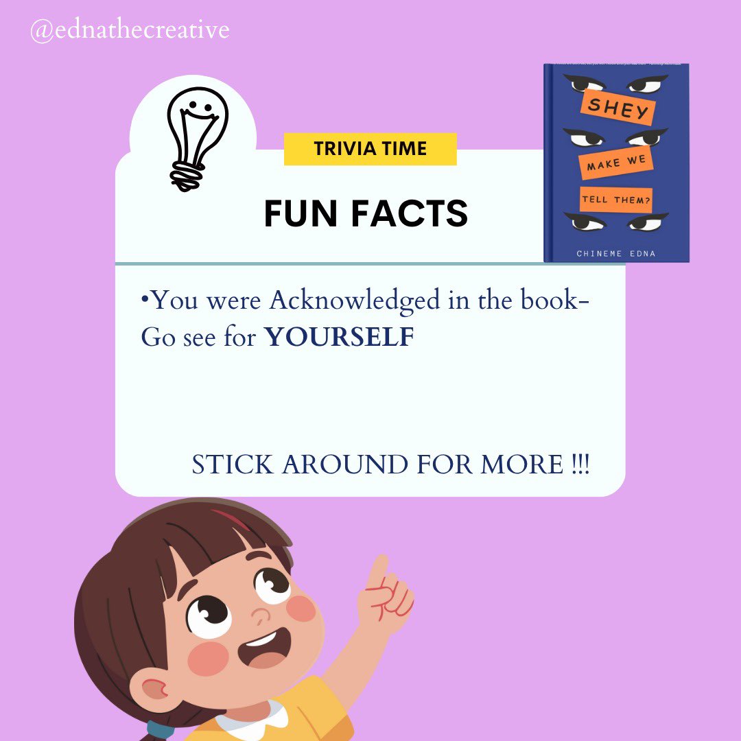 Ednathecreative's tweet image. What’s your fav fun fact ? 

#booksales #bookmarketing #funfact #flashfiction #fictionstories #africanliterature #nigerianauthor #writerslift #writerscommunity #bookcommunity