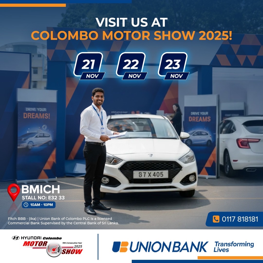 Turn your dream car into reality with Union Bank Leasing!

Visit us at the Colombo Motor Show on 21st, 22nd, and 23rd November at BMICH (Stalls E32 &amp; 33) and chat with our team to explore flexible leasing solutions tailored for you.

#UnionBankofColomboPlc #UnionBankSL