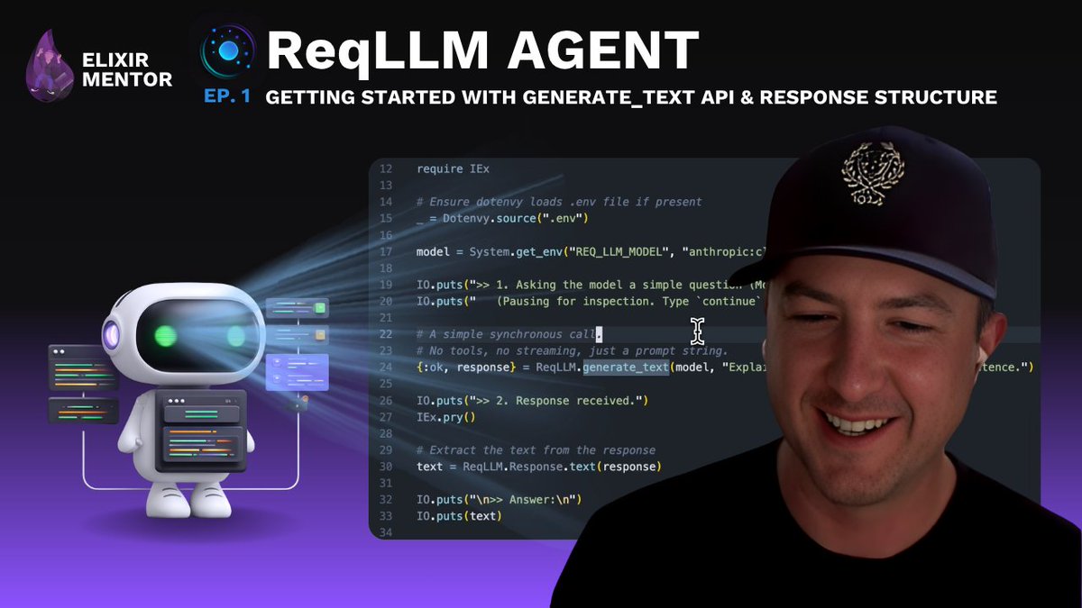 jacob_luetzow's tweet image. 🚀 Launching today! New ReqLLM Agent tutorial series featuring @mikehostetler - build production AI agents in Elixir with tool calling, streaming &amp;amp; multi-provider support. Watch: youtu.be/P-3lsKrOWxY#my… #elixirlang #AI #LLM #AIAgents