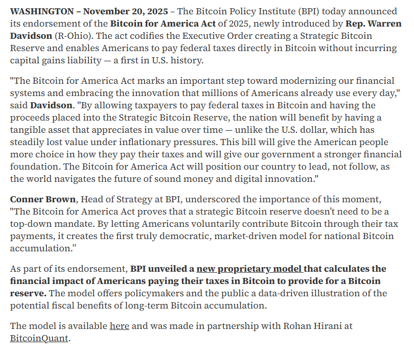 btcpolicyorg's tweet image. PRESS RELEASE: Today, BPI is endorsing the Bitcoin for America Act introduced this morning by @rep_davidson.

We&apos;re also releasing a first-of-its-kind financial dashboard modeling the impacts of the U.S. government accepting bitcoin for tax payments.