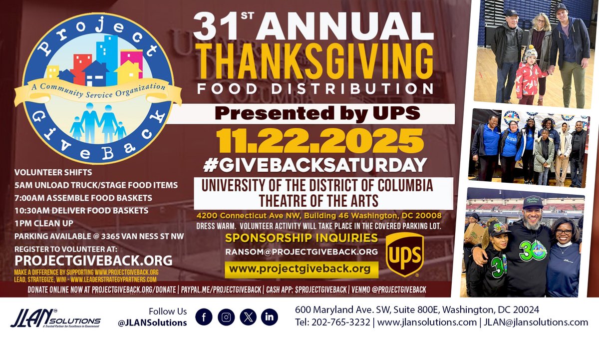 Join #JLANSolutions in bringing warmth and gratitude to our community!
Looking forward to supporting <a href="/ProjectGiveBack/">Make a Difference!</a>'s 31st Annual #Thanksgiving Food Distribution on Nov. 22nd at <a href="/udc_edu/">University of the District of Columbia (UDC)</a>.
Come for a day of #service, compassion, and connection.

ProjectGiveBack.org
