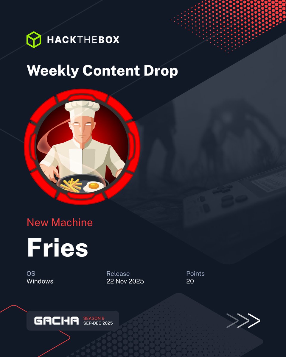hackthebox_eu's tweet image. You want some fries with that? 🧑‍🍳
Here are all the brand-new pieces of content coming to the #HackTheBox platforms this week!
🔴 Fries, an HTB Seasons Machine created by ruycr4ft
🔵 Easy Money a Sherlock created by M4shl3
🔴 QLotto, a Challenge created by DCryp7

Get started now…