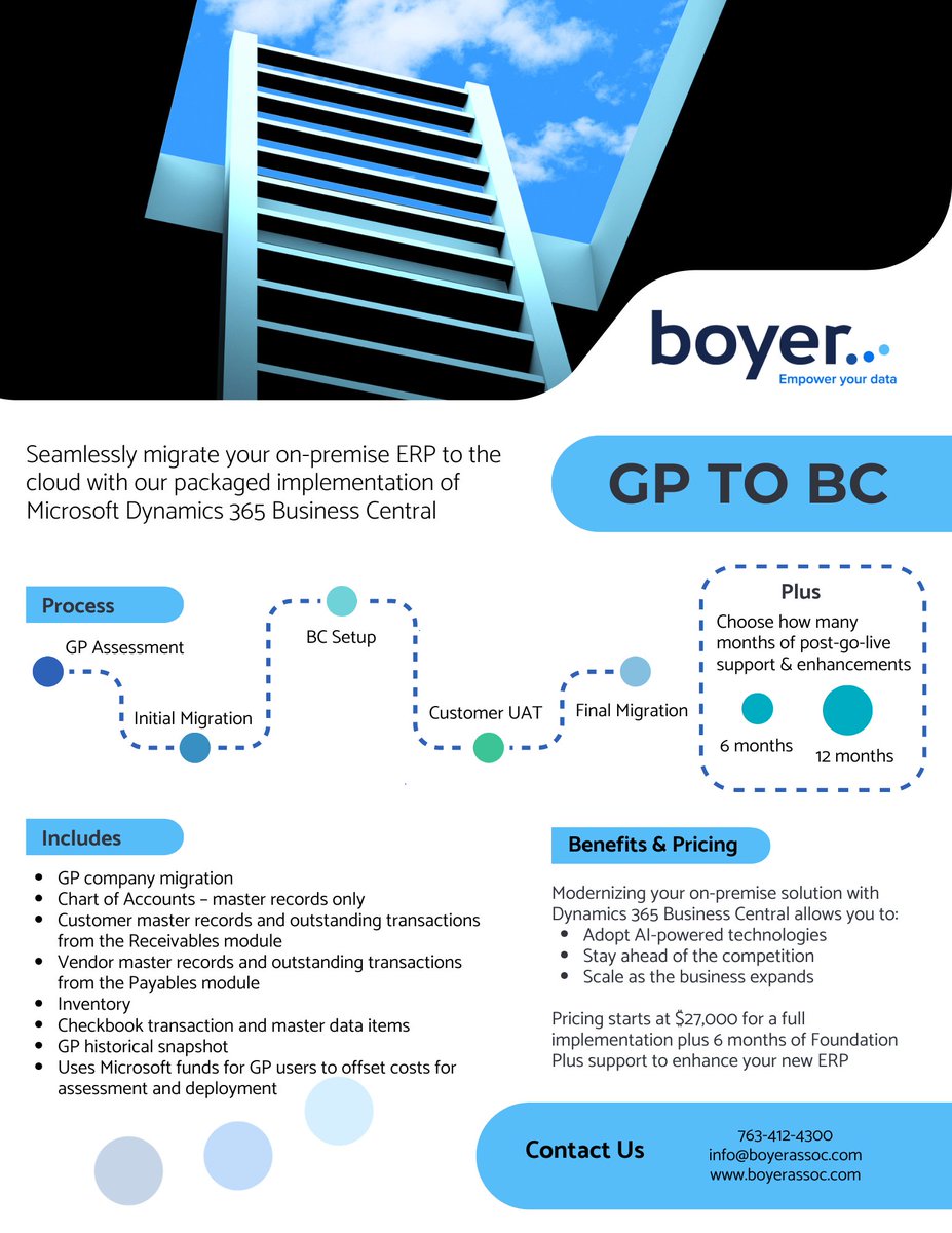 BoyerAssoc's tweet image. If you’re ready to move from GP to Business Central, have we got a deal for you! Check out Boyer’s streamlined migration package for a seamless transition to the cloud!
#CloudMigration #BusinessCentral #MicrosoftDynamics
