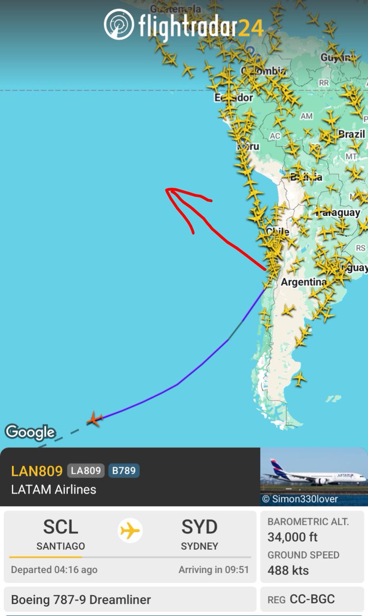 bucciarolo's tweet image. Airplanes provide an almost endless supply of evidence for the globe. 

Here&apos;s the track of a flight from Santiago to Sydney. The red arrow is the heading they would have followed on a flat earth.
