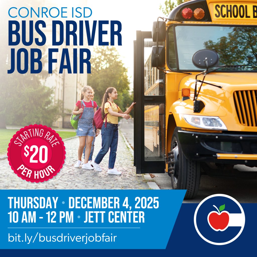 ConroeISD's tweet image. 🚍 Our next Conroe ISD Bus Driver Job Fair is happening on Thursday, December 4, 2025, from 10 AM–12 PM at the Jett Center!
🔗 Register: bit.ly/busdriverjobfa…