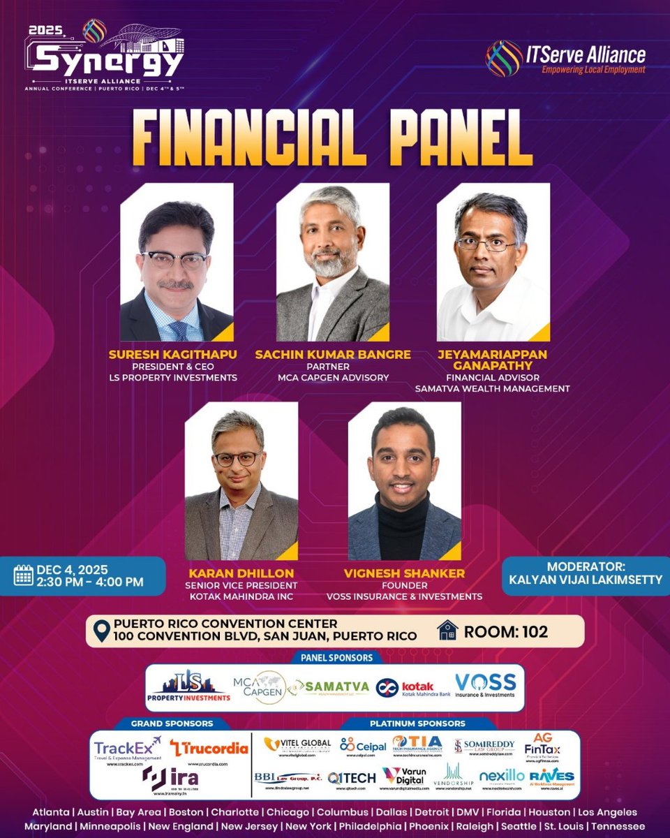 ITServeorg's tweet photo. The ITServe Alliance is proud to introduce the Financial Panel at Synergy 2025, an exclusive session designed to deliver key industry insights, foster meaningful discussions, and promote high-value engagement.

We look forward to seeing you at the event and sharing impactful knowledge that will make Synergy 2025 a true success. Together, we are set to create an even more valuable experience this year.

When: December 4–5, 2025
Venue: Puerto Rico Convention Center
100 Convention Blvd, San Juan, 00907, Puerto Rico

Secure your spot: 
https://t.co/d7qYT0yXQ0

#Synergy2025 #ITServeAlliance #FinancialPanel #LeadershipInsights #IndustryExperts #BusinessGrowth #StrategicNetworking #InnovationLeadership #TechEntrepreneurs #BusinessLeaders #CorporateEngagement #ValueDrivenInsights #PuertoRico2025 #ITServeEvents