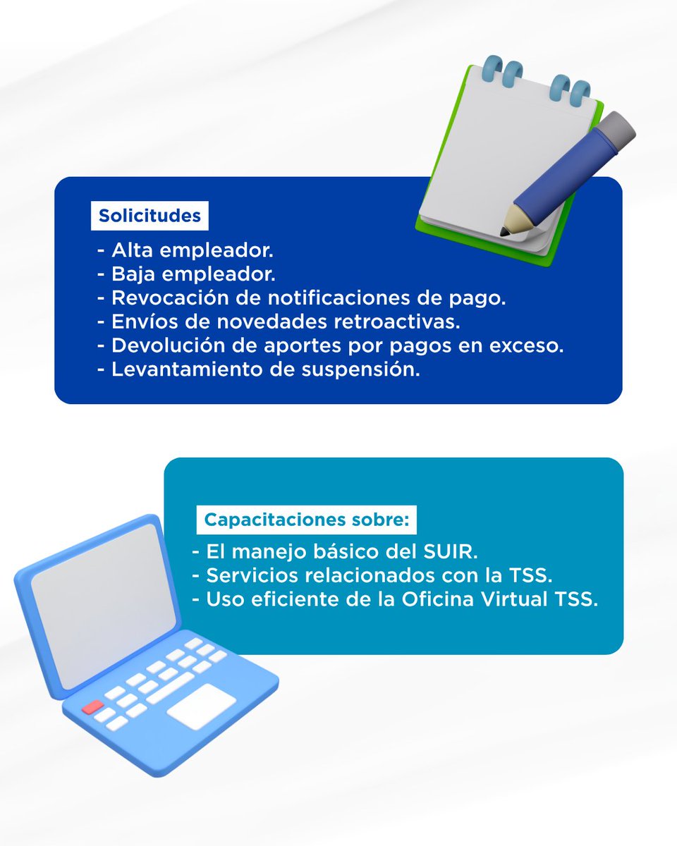 Si vas a realizar algún trámite y necesitas conocer cuáles son los requisitos o procedimientos a seguir para obtener el servicio, puedes ingresar a nuestro portal web 💻 para obtener toda la información. 

#TSSDom #ServiciosTSS