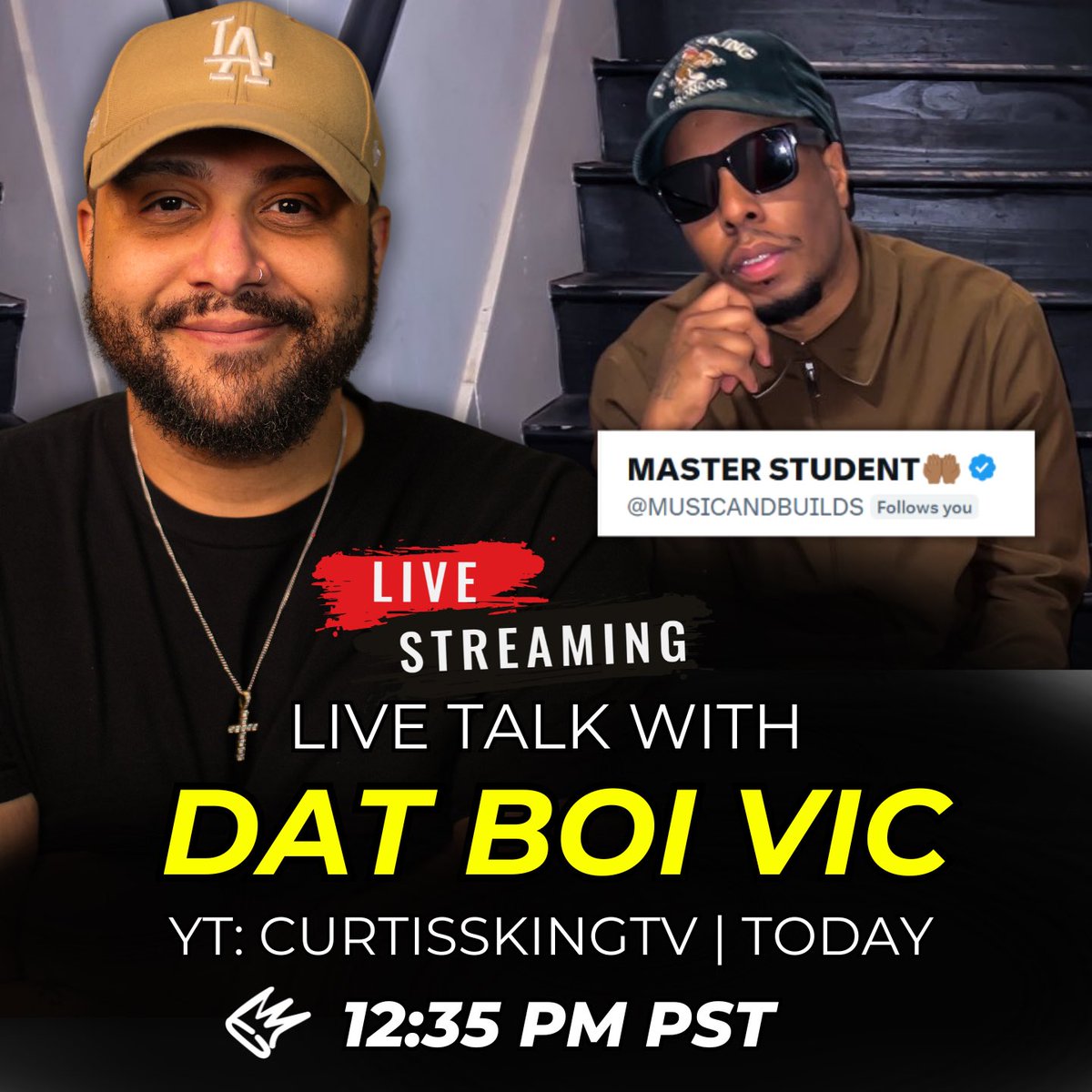 Today we build live with <a href="/MUSICANDBUILDS/">MASTER STUDENT🤲🏾</a> to talk Hip Hop, his viral deep dive X threads, and his new album.

⏰: 12:35 pm pst / 3:35 pm est
