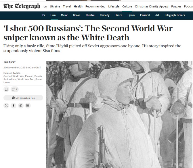 Script_Military's tweet image. In the News! The Telegraph revisits Simo Häyhä, the “White Death”, whose actions helped inspire the SISU films, including Sisu: Road to Revenge (in cinemas tomorrow).   
Read the true story in The White Sniper:  tinyurl.com/2s4kr3rh  
The Winter War: tinyurl.com/4jry2w8x
