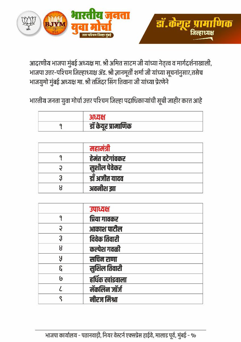 pawantripathi_'s tweet image. भाजपा युवा मोर्चा उत्तर पश्चिम  जिला के सभी नवनियुक्त पदाधिकारियों का अभिनंदन ।