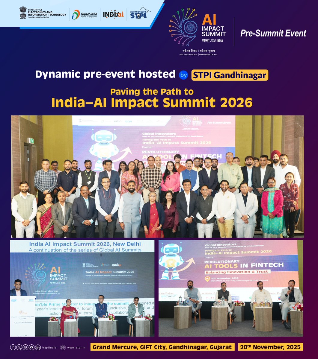 OfficialINDIAai's tweet image. ‘Paving the Path to India-AI Impact Summit 2026’: Glimpses from a vibrant pre-summit event by STPI Gandhinagar ✨

The pre-summit event held by STPI Gandhinagar on Revolutionary AI Tools in FinTech: Balancing Innovation &amp;amp; Trust, successfully facilitated thought-leadership…