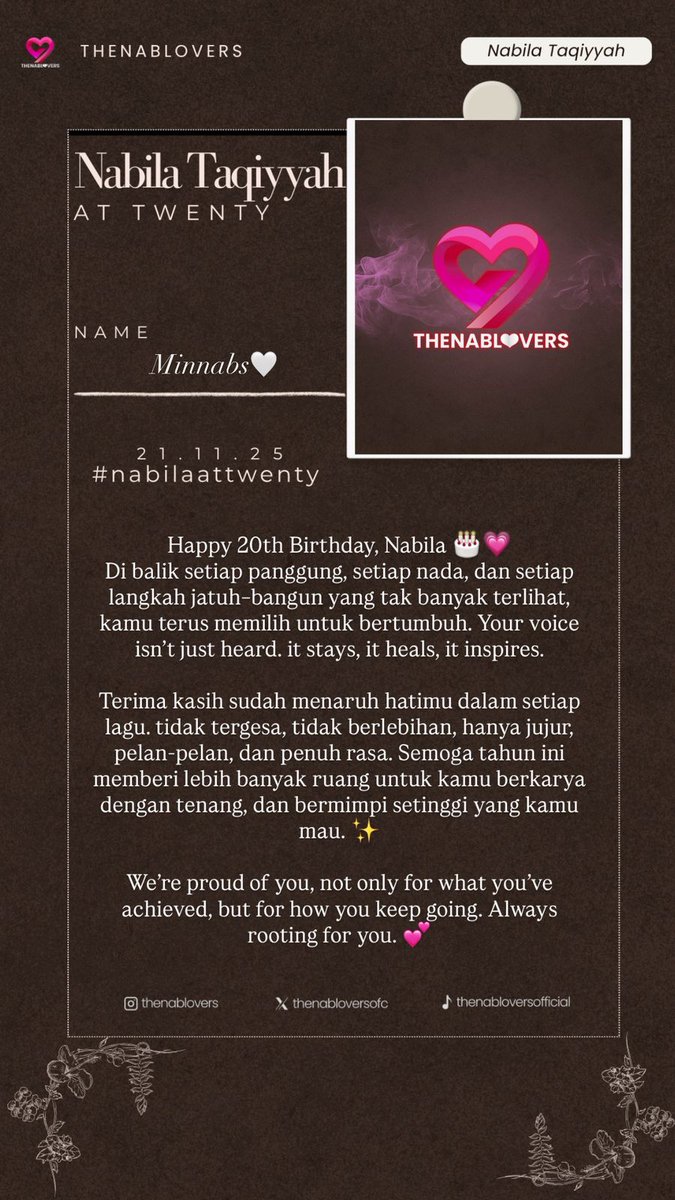 Selamat Ulang Tahun Nabila🌹🤍

#NabilaTaqiyyahAtTwenty
#SharedLove