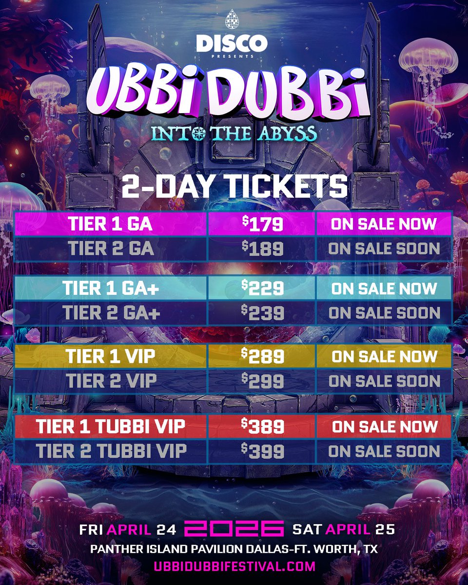 UbbidubbiFest's tweet photo. Don’t miss out! Tier 1 $179 2-Day passes are 99% SOLD OUT! 🫧

Prices are rising, TOMORROW 11/21 at midnight! ⚡️ Secure yours with a $32 deposit before prices rise → https://t.co/ideVaqQ7E6 🌊 https://t.co/YQR2wdrPco