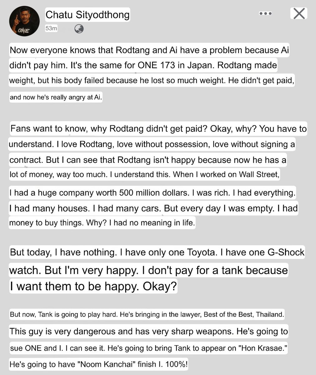 TetsuyaMT789's tweet image. Boss Chatu explains his beef with Rodtang on Facebook 😂