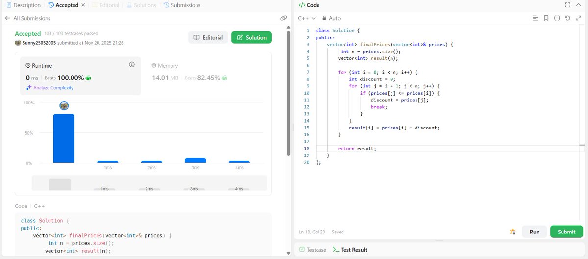 SunnyKumar51305's tweet image. 🔥 Problem of the Day:  Final Prices With a Special Discount 
Approach:  
Language: C++
Difficulty: Easy 
✅ Passed all testcases
#DSA #LeetCode75