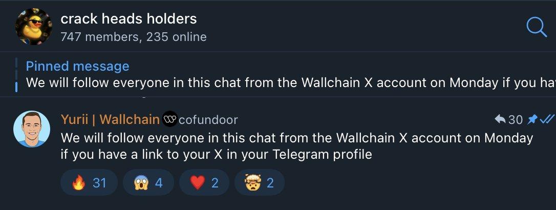 Uniqueofweb3's tweet image. 📢 Wallchain Announces Community Follow-Back for Quack Heads Holders.

The @Wallchain team has revealed an exciting initiative for the Quack Heads community. As shared in the holders’ Telegram chat, on Monday, the official Wallchain X account will follow every member of the chat.