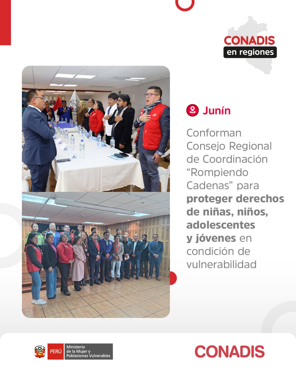 #Junín | El Conadis participó en la conformación del Consejo Regional de Coordinación “Rompiendo Cadenas”, realizada en el auditorio del Ministerio Público del Distrito Fiscal de Junín. 

Conoce más de Conadis en regiones en: 👉 gob.pe/es/n/1290776