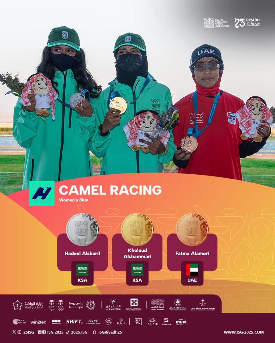 25ISG's tweet photo. 🏅 Podium of Champions at #Riyadh2025: Camel Racing 🐪🥇🥈🥉

▪️ Men’s 2km
▪️ Women’s 2km
▪️ Men’s 8km
▪️ Women’s 8km

#IslamicSolidarityGames https://t.co/ueeAMztf3U