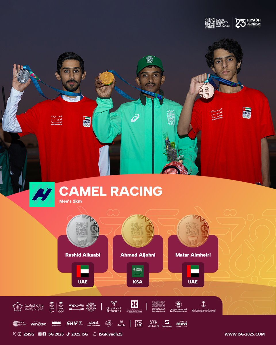 25ISG's tweet photo. 🏅 Podium of Champions at #Riyadh2025: Camel Racing 🐪🥇🥈🥉

▪️ Men’s 2km
▪️ Women’s 2km
▪️ Men’s 8km
▪️ Women’s 8km

#IslamicSolidarityGames https://t.co/ueeAMztf3U