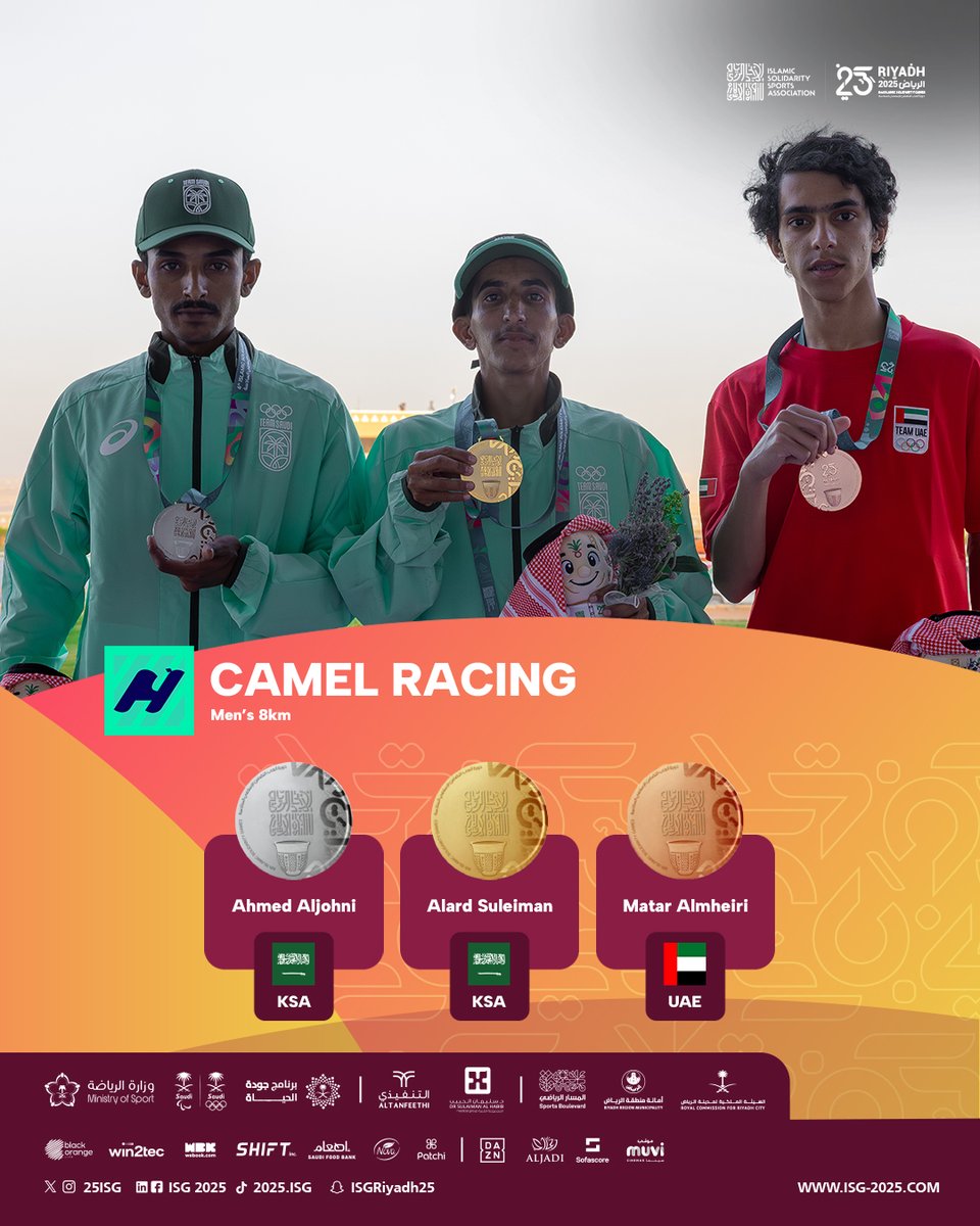 25ISG's tweet photo. 🏅 Podium of Champions at #Riyadh2025: Camel Racing 🐪🥇🥈🥉

▪️ Men’s 2km
▪️ Women’s 2km
▪️ Men’s 8km
▪️ Women’s 8km

#IslamicSolidarityGames https://t.co/ueeAMztf3U