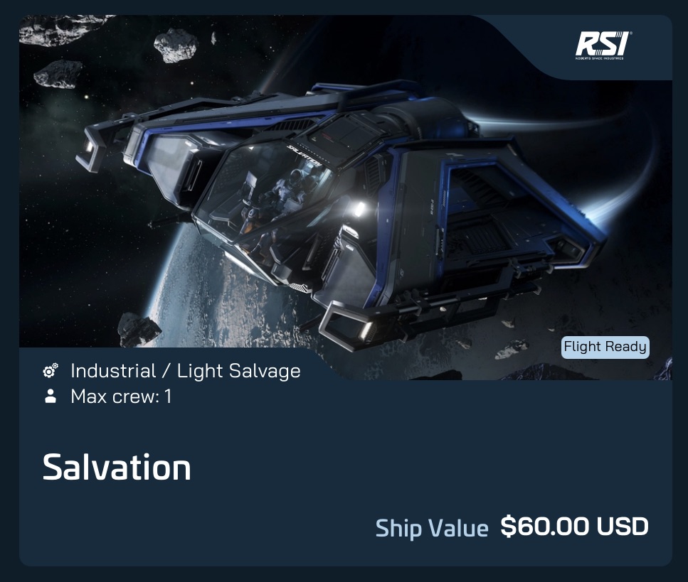 TheRubenSaurus's tweet image. The brand new RSI Salvation, light salvage ship is now available!
It comes with an entry price of $60 USD or $55 warbond!

#StarCitizen #IAE2955