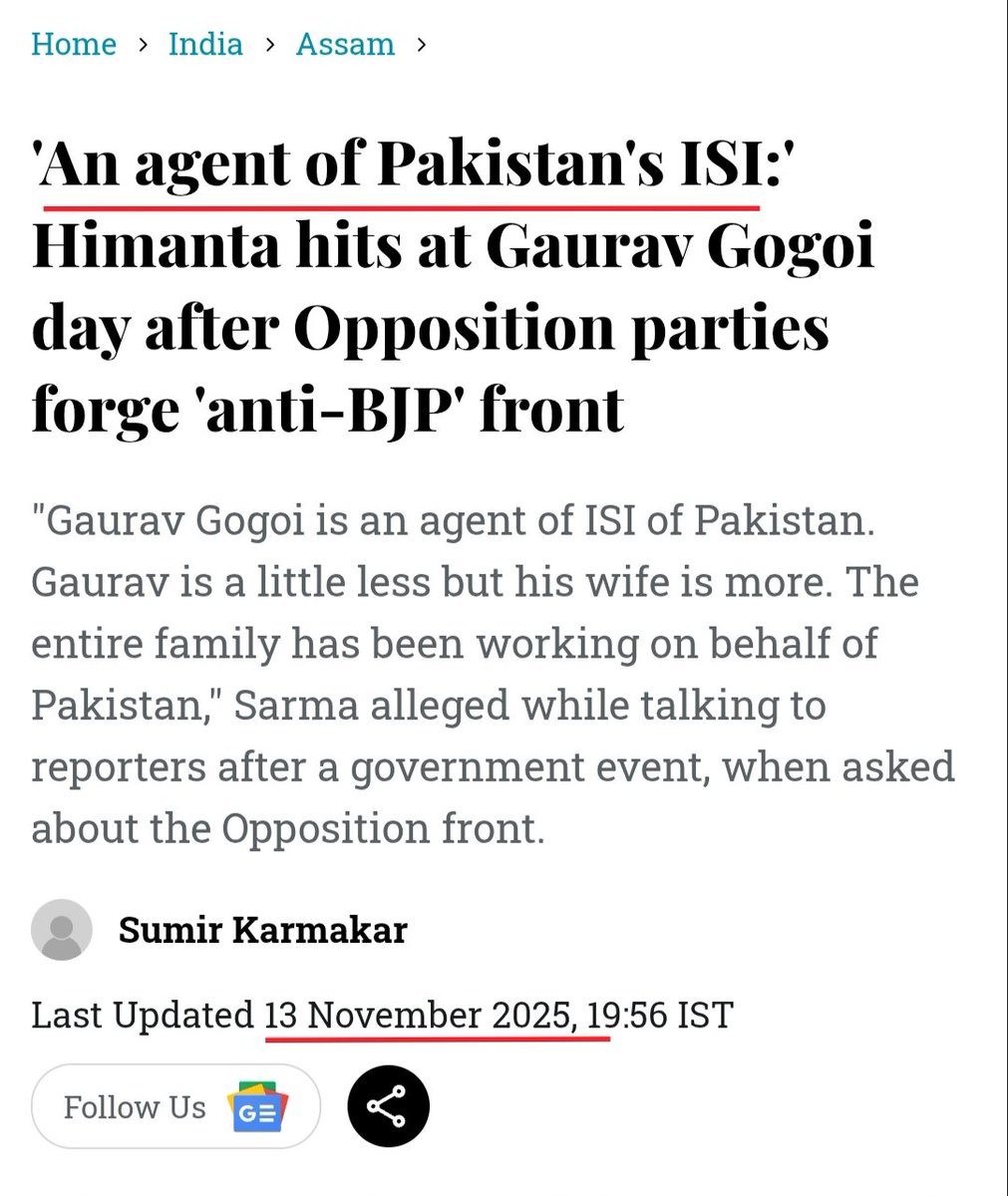 PunsterX's tweet image. Sequence of events:

17th Sept&apos;25: SIT submits report on Gaurav Gogoi&apos;s alleged links with Pakistan

6th Oct&apos;25: Himanta Sarma  calls the report ‘damaging and damning’

13th Nov&apos;25: Himanta calls Gogoi ‘an agent of Pakistan’

2 months later: Himanta still hasn&apos;t disclosed what&apos;s…