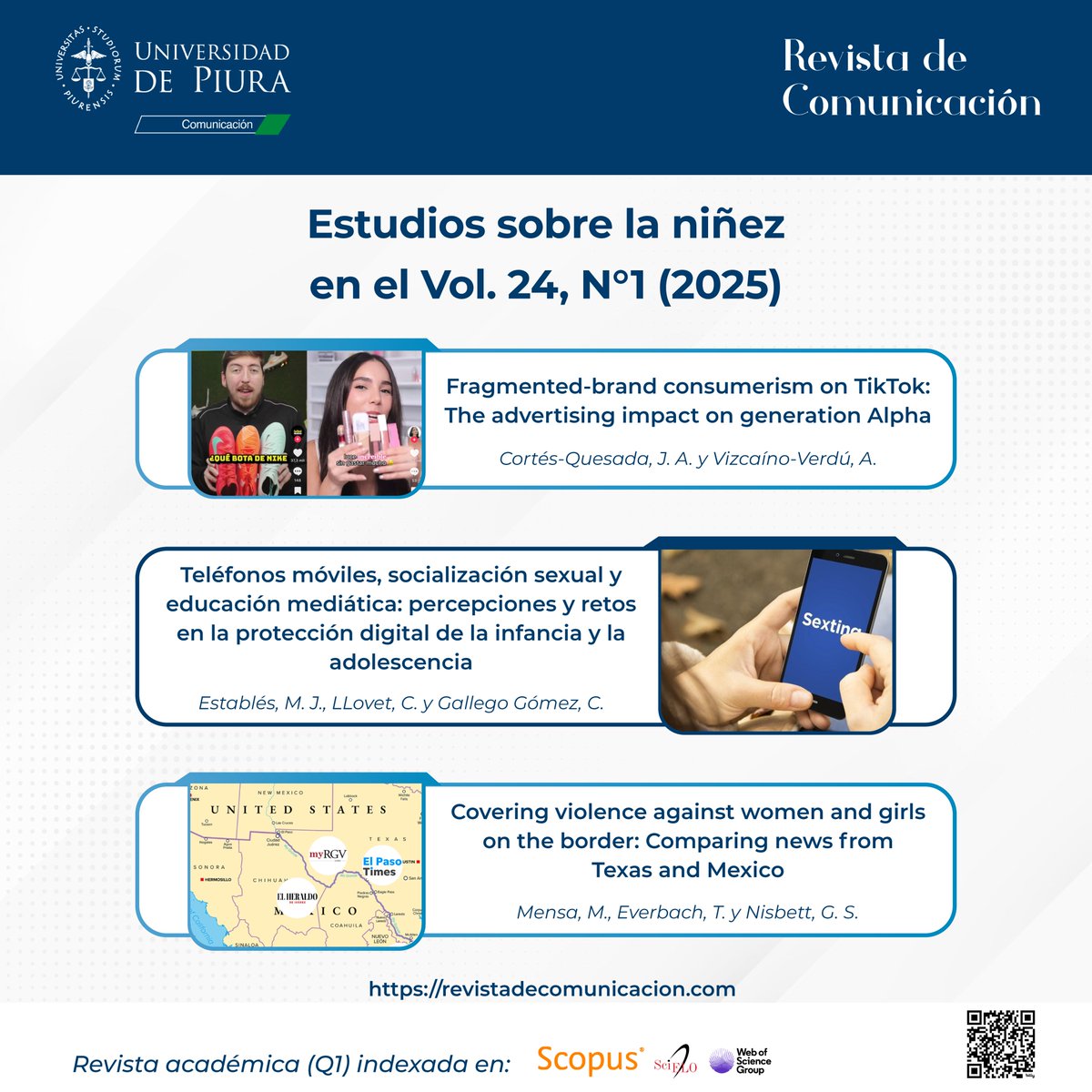 👦🏻👧🏻En el #DíaMundialdelNiño, compartimos 3 artículos publicados en el Vol.24, N°1 (2025), donde se analizan los contenidos que consumen los niños en internet y el enfoque periodístico a los casos de violencia contra mujeres y niñas.

🔗 goo.su/ohSxlUF

#Rcom #Fcom #Udep
