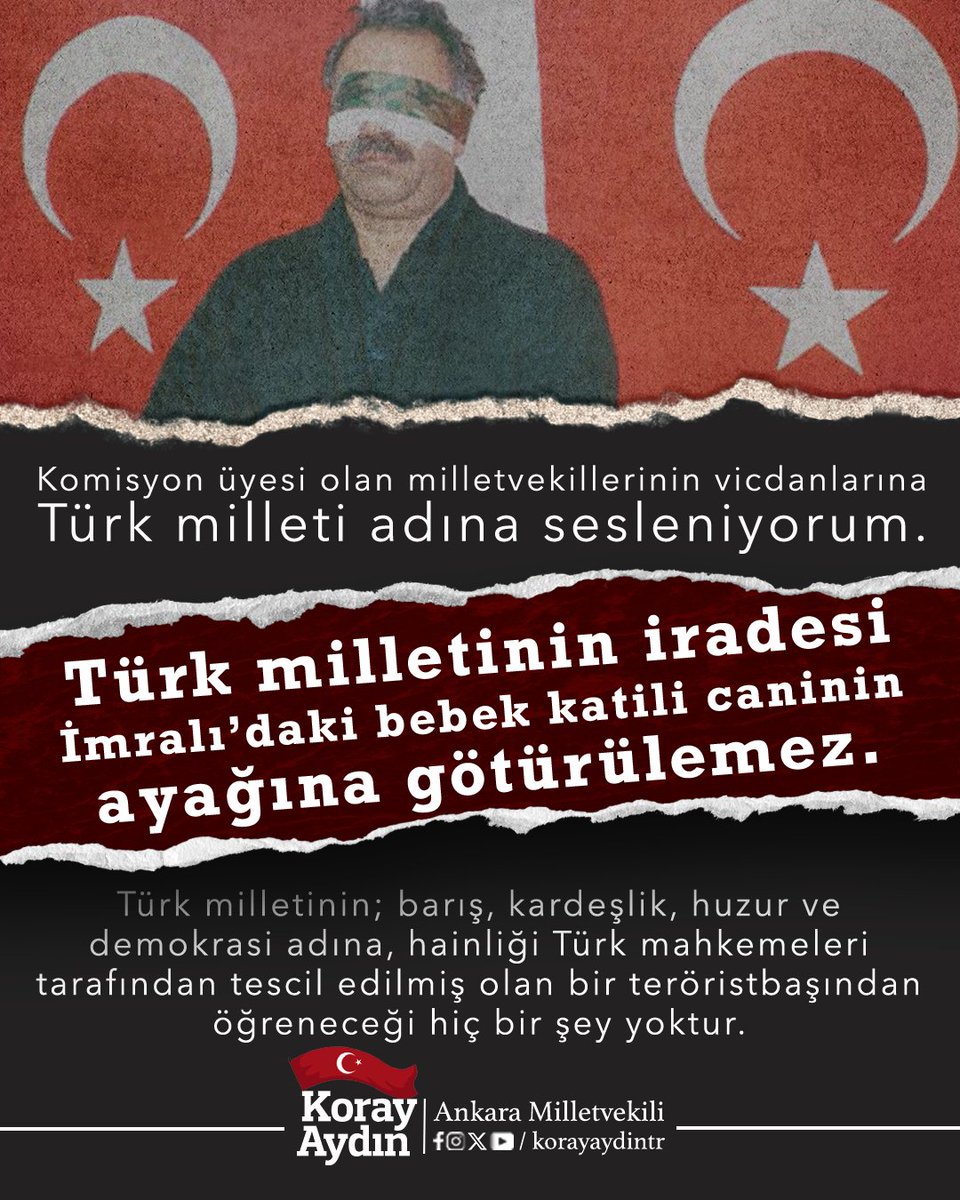 Türk milletinin iradesi İmralı’daki bebek katili caninin ayağına götürülemez. 

Hukuksuz komisyonun teröristbaşına yapacağı ziyaret, millet vicdanında yok hükmünde olacaktır. 

TBMM’de hukuki bir zemini olmaksızın çalışmalarını sürdüren komisyonun üyelerinin, İmralı’ya giderek