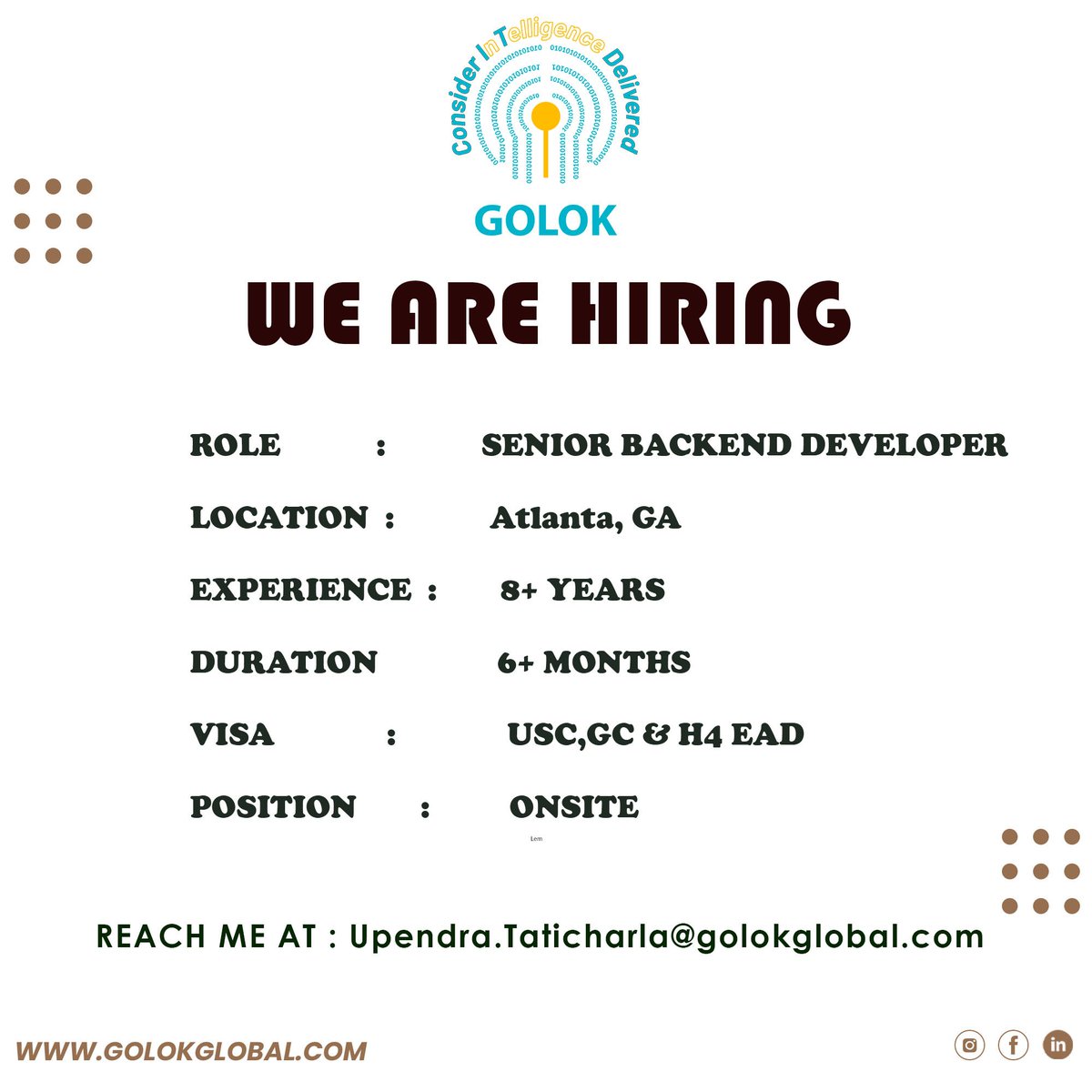 GolokGlobal's tweet image. 🚀 We’re Hiring: Senior Backend Developer

📍 Location: Atlanta, GA

 💼 Employment Type: Full-Time | On-site

Experience:8

📨 How to Apply

Send your resume to Upendra.Taticharla@golokglobal.com

#Hiring | #BackendDeveloper | #SeniorDeveloper | #AtlantaJobs | #TechJobs |