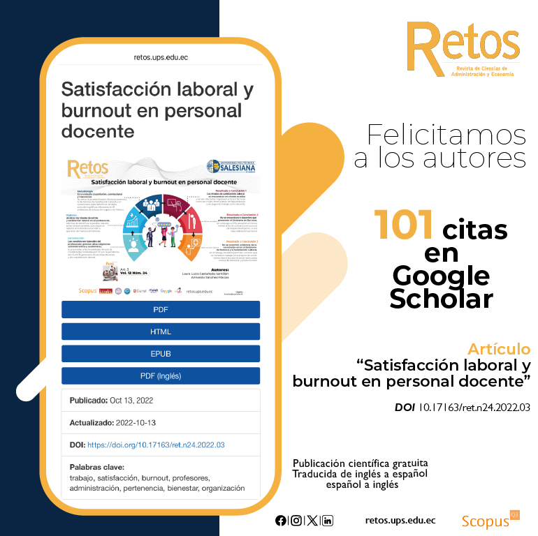 RevistaRetosUps's tweet image. 👏📜Felicitamos a los autores por la obtención de 101 citas en #GoogleScholar, en su artículo: &quot;#Satisfacciónlaboral y #burnout en personal #docente&quot;, publicado en nuestro Vol. 12 Núm. 24 (2022).
🌐Artículo completo: doi.org/10.17163/ret.n…
#RevistaRETOS #SoyUPS #trabajo